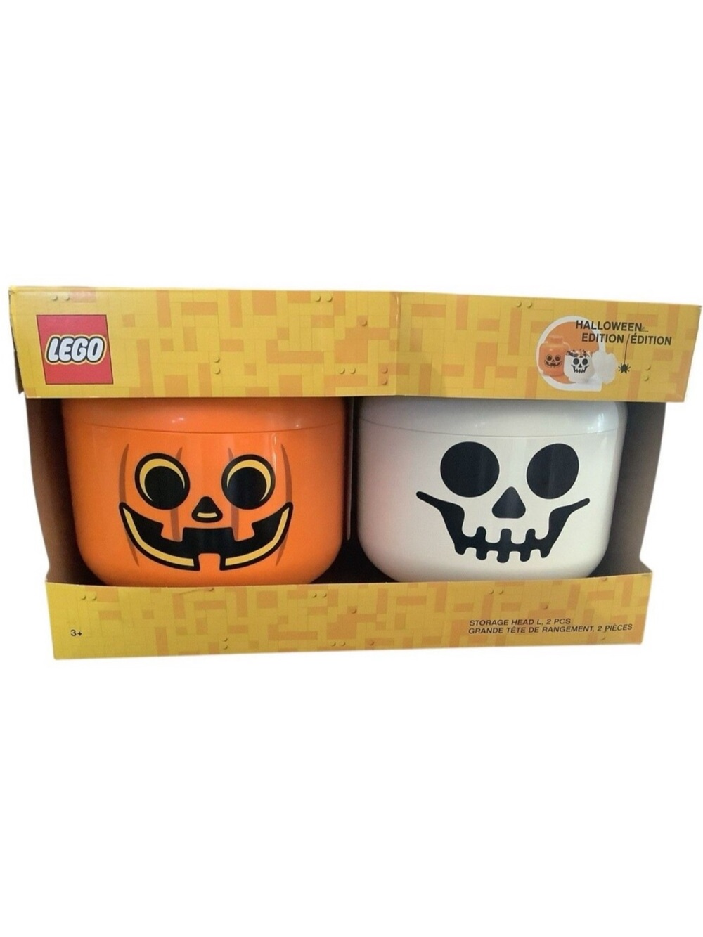 Lego Halloween Storage Heads Jack O Lantern & Skeleton Set Of 2 Orange White